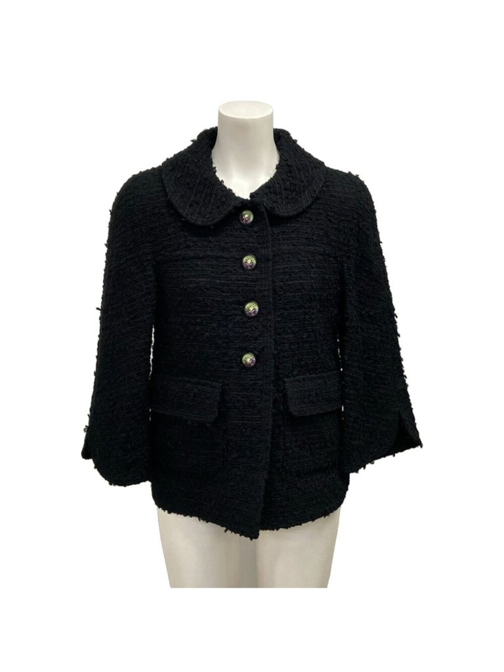 Chanel Jacket S Black Three Quarter Sleeve Fantasytweed Roundcolor Lion Button